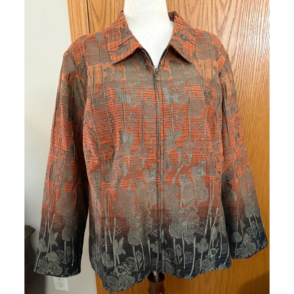 CJ Banks Womens 2X Orange Brown Floral Jacquard Zip Up Jacket Textured Lined